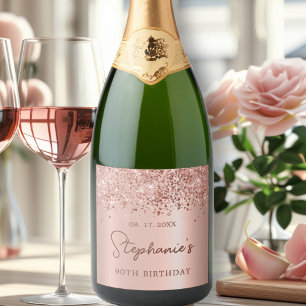 Monogram Rose Gold Glitter 90th Birthday Script Sparkling Wine Label