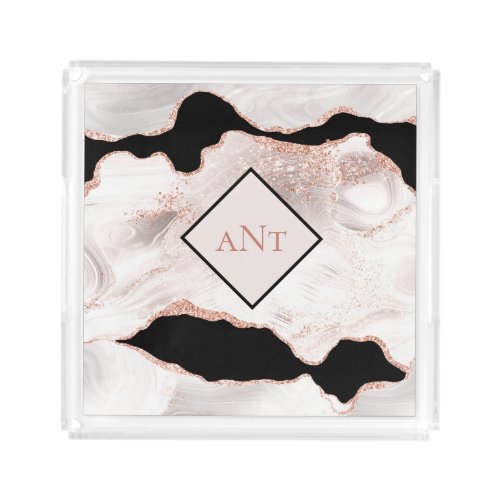 Monogram Rose Gold Glitter Agate Black White Swirl Acrylic Tray