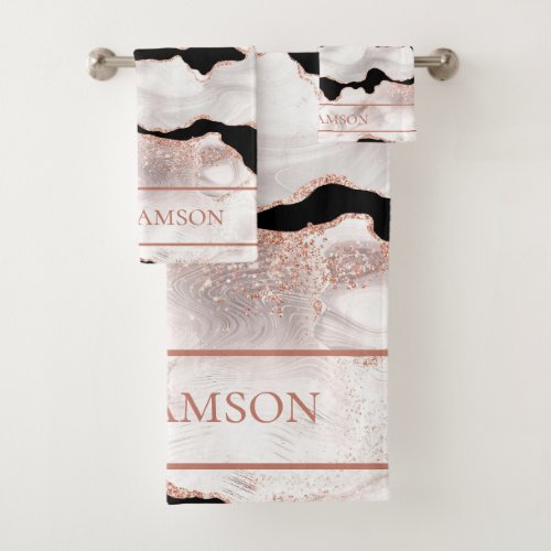 Monogram Rose Gold Glitter Agate Black White Swirl Bath Towel Set