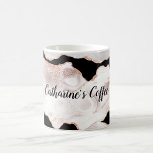 Monogram Rose Gold Glitter Agate Black White Swirl Coffee Mug