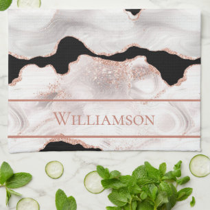 Monogram Rose Gold Glitter Agate Black White Swirl Kitchen Towel