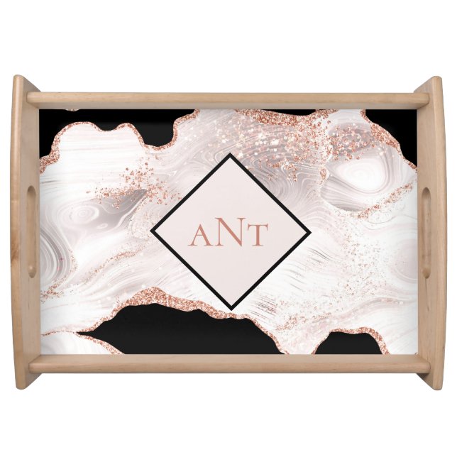 Monogram Rose Gold Glitter Agate Black White Swirl Serving Tray (Front)