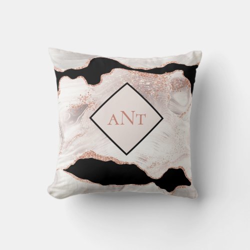 Monogram Rose Gold Glitter Agate Black White Swirl Throw Pillow