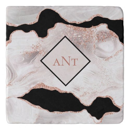 Monogram Rose Gold Glitter Agate Black White Swirl Trivet