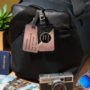 Monogram Rose Gold Glitter and Black Damask Luggage Tag