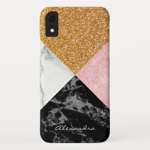 Monogram Rose Gold Glitter and Black White Marble iPhone XR Case