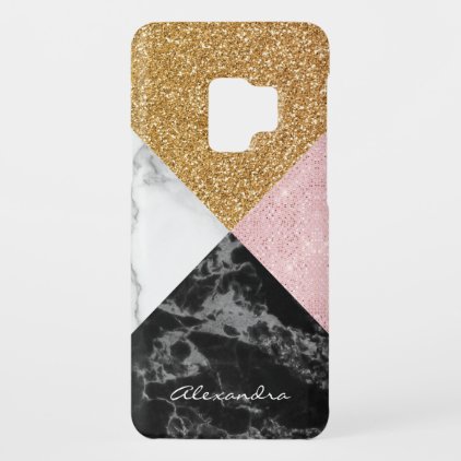 Monogram Rose Gold Glitter and Black White Marble Case-Mate Samsung Galaxy S9 Case