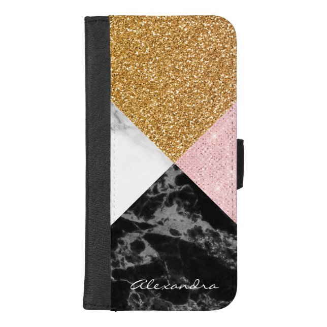 Monogram Rose Gold Glitter and Black White Marble iPhone Wallet Case (Front)