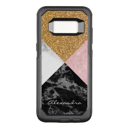 Monogram Rose Gold Glitter and Black White Marble OtterBox Commuter Samsung Galaxy S8 Case