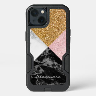 Monogram Rose Gold Glitter and Black White Marble iPhone 13 Case