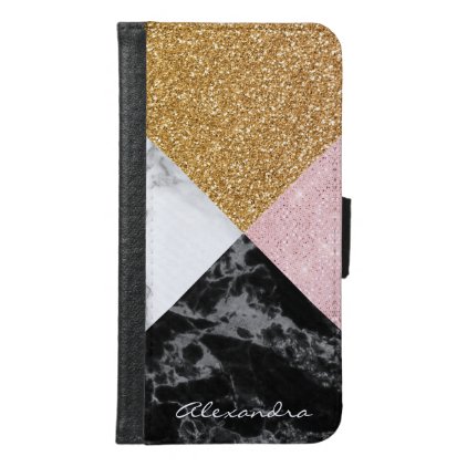 Monogram Rose Gold Glitter and Black White Marble Samsung Galaxy S6 Wallet Case