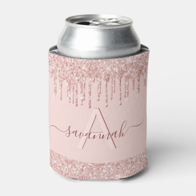 Monogram rose gold glitter bachelorette party can cooler (Can Front)