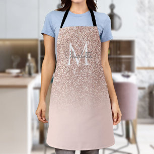 Monogram Rose Gold Glitter Blush Pink Girly Script Apron