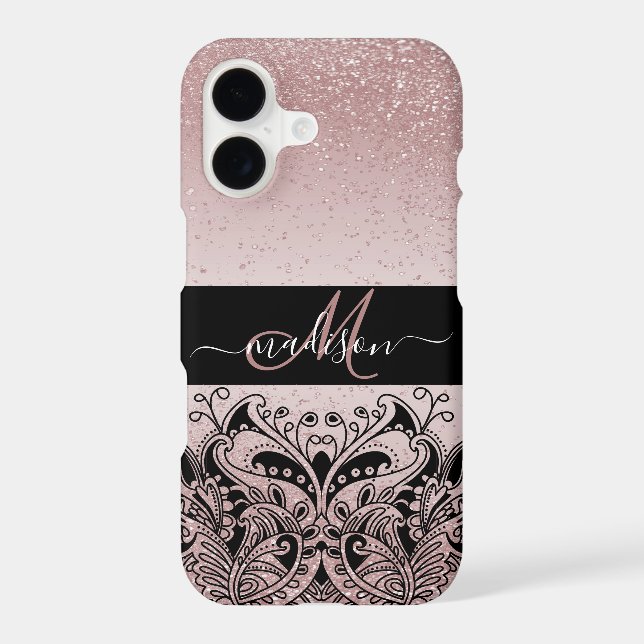 Monogram Rose Gold Glitter Case-Mate iPhone Case (Back)