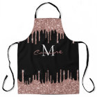 Monogram Rose Gold Glitter Drip Black Name Apron