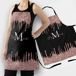 Monogram Rose Gold Glitter Drip Black Name Apron