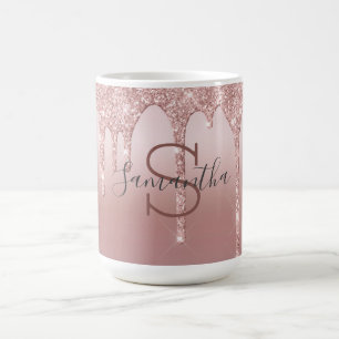 Monogram Rose Gold Glitter Drip Blush Pink Trendy Coffee Mug