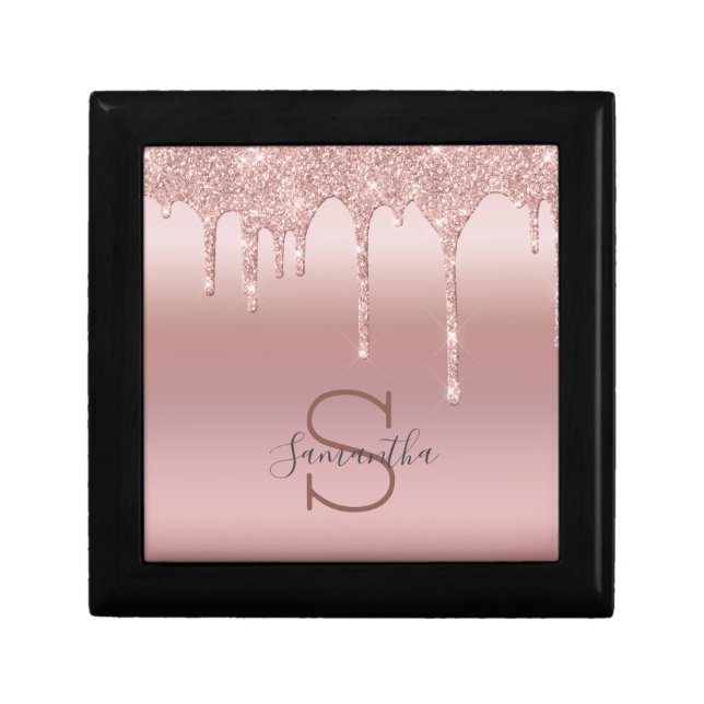 Monogram Rose Gold Glitter Drip Blush Pink Trendy Gift Box (Front)