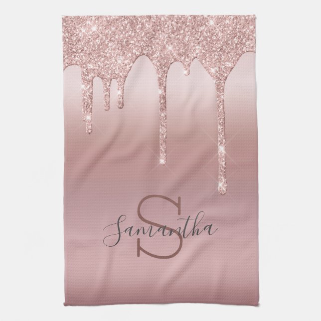 Monogram Rose Gold Glitter Drip Blush Pink Trendy Kitchen Towel (Vertical)