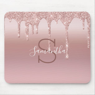 Monogram Rose Gold Glitter Drip Blush Pink Trendy Mouse Pad