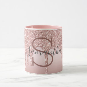 Monogram Rose Gold Glitter Drip Blush Pink Trendy Mug
