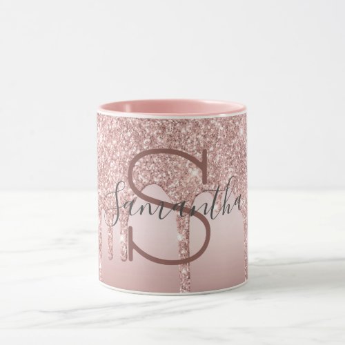 Monogram Rose Gold Glitter Drip Blush Pink Trendy Mug