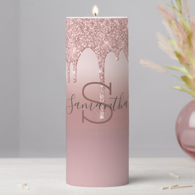 Monogram Rose Gold Glitter Drip Blush Pink Trendy  Pillar Candle (In Situ)