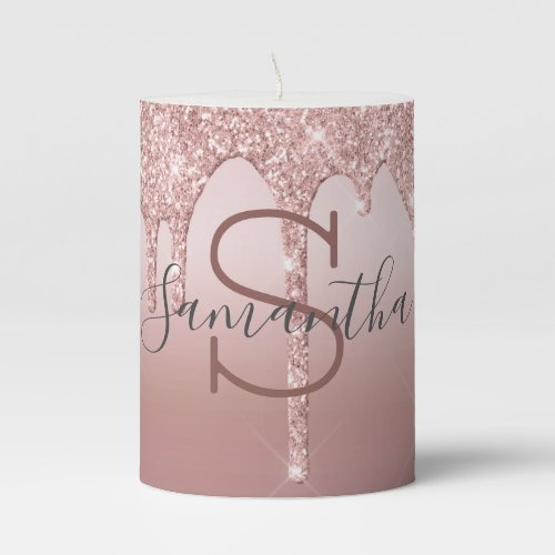 Monogram Rose Gold Glitter Drip Blush Pink Trendy  Pillar Candle