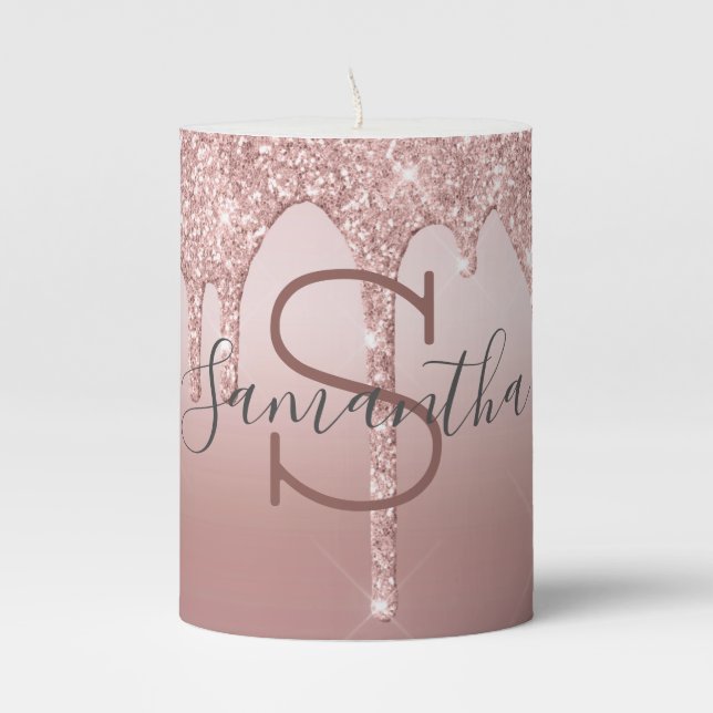 Monogram Rose Gold Glitter Drip Blush Pink Trendy  Pillar Candle (Front)