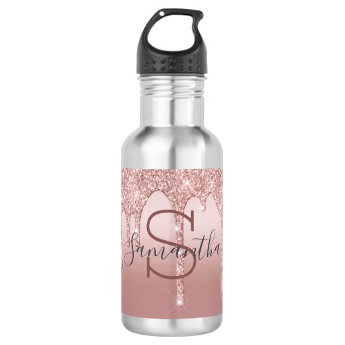 Monogram Rose Gold Glitter Drip Blush Pink Trendy Stainless Steel Water Bottle