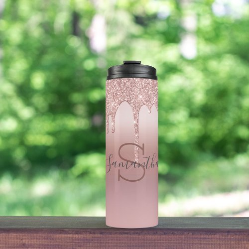 Monogram Rose Gold Glitter Drip Blush Pink Trendy  Thermal Tumbler