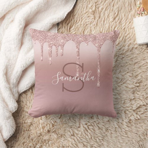 Monogram Rose Gold Glitter Drip Blush Pink Trendy Throw Pillow