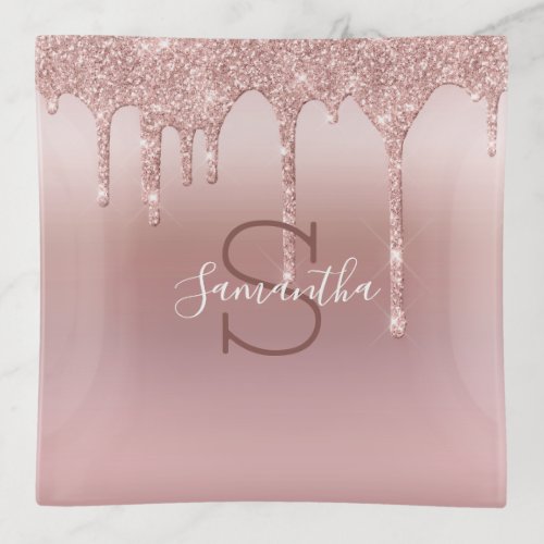 Monogram Rose Gold Glitter Drip Blush Pink Trendy  Trinket Tray