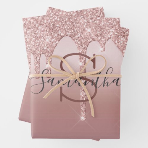 Monogram Rose Gold Glitter Drip Blush Pink Trendy Wrapping Paper Sheets