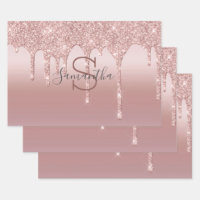 Rose gold glitter drips pink sparkle glam girly wrapping paper, Zazzle