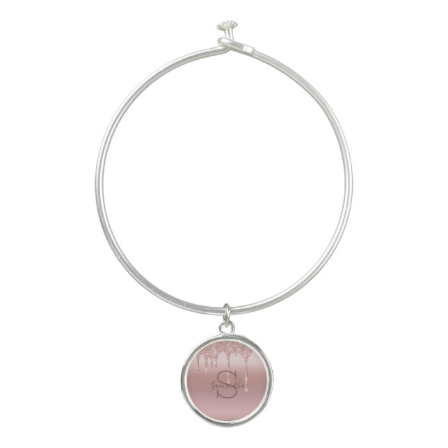 Monogram Rose Gold Glitter Drip Pink Name  Bangle Bracelet (Front)