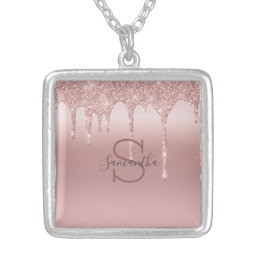 Monogram Rose Gold Glitter Drip Pink Name  Silver Plated Necklace