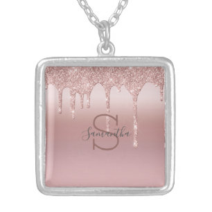 Monogram Rose Gold Glitter Drip Pink Name Silver Plated Necklace