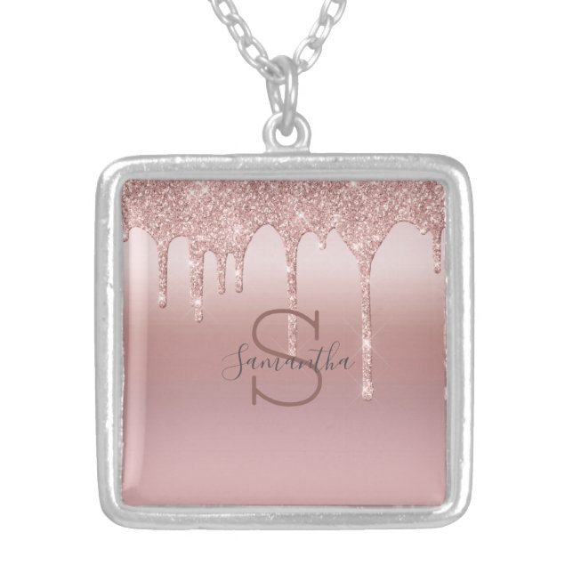 Monogram Rose Gold Glitter Drip Pink Name  Silver Plated Necklace (Front)