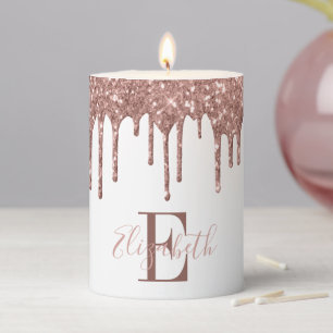 Monogram Rose Gold Glitter Drip White Pillar Candle