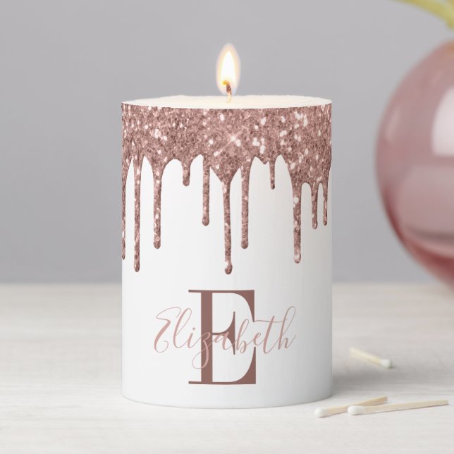 Monogram Rose Gold Glitter Drip White Pillar Candle (In Situ)