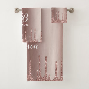 Monogram Rose Gold Glitter Drips Bath Towel Set