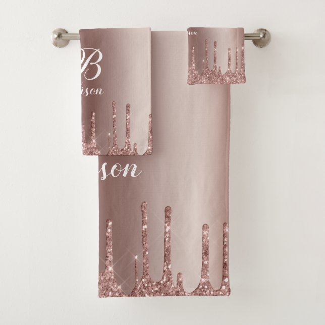 Monogram Rose Gold Glitter Drips  Bath Towel Set (Insitu)