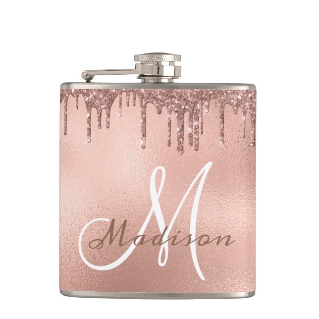 Monogram Rose Gold Glitter Drips Girly Flask (Front)