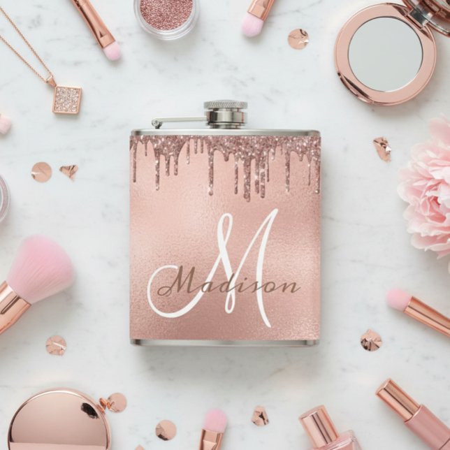 Monogram Rose Gold Glitter Drips Girly Flask (Creator Uploaded)