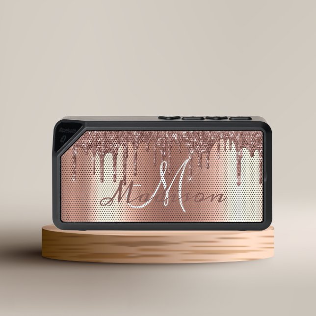 Monogram Rose Gold Glitter Drips Girly Sparkle Bluetooth Speaker (Creator Uploaded)