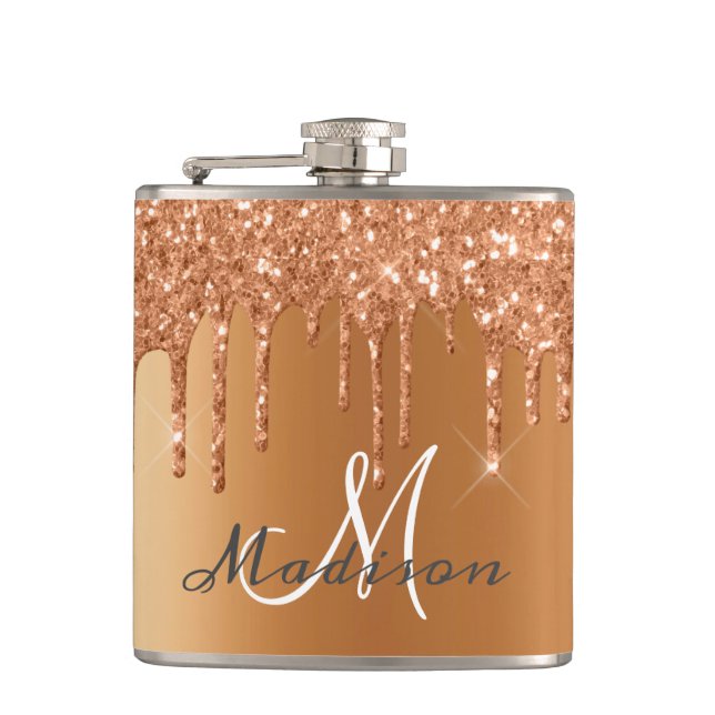 Monogram Rose Gold Glitter Drips Girly Sparkle Fla Flask (Front)