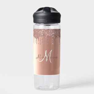 Monogram Rose Gold Glitter Drips Girly Sparkle Fla Water Bottle