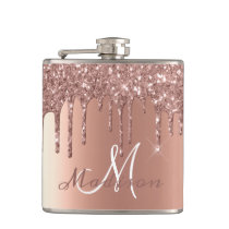 Monogram Rose Gold Glitter Drips Girly Sparkle Flask Monogram Rose Gold Glitter Drips Girly Sparkle Flask