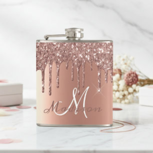 Monogram Rose Gold Glitter Drips Girly Sparkle Flask